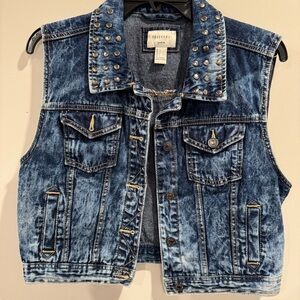 Forever 21 Blue Denim Studded Collar Crop Vest
